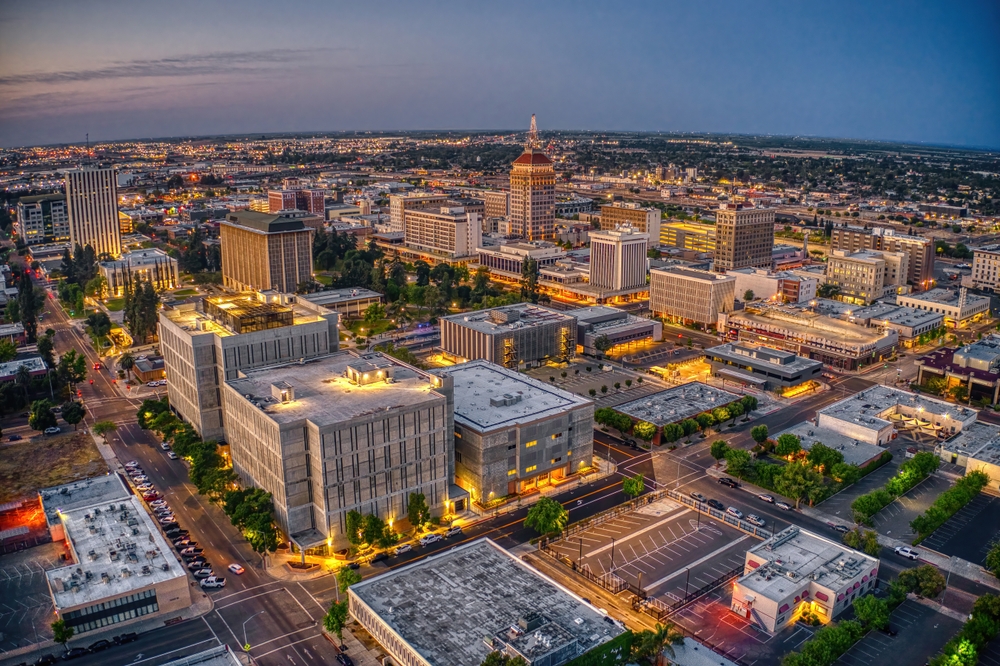 Aerial view of downtown Fresno at dusk — Fresno.Pro serves small businesses across Central California